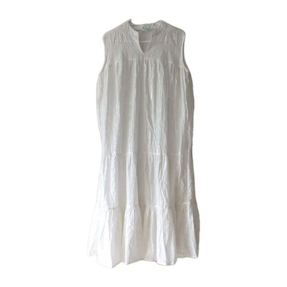 True Destinations Maxi Dress L White Metallic Striped Tiered Embroidered Resort - Picture 1 of 9